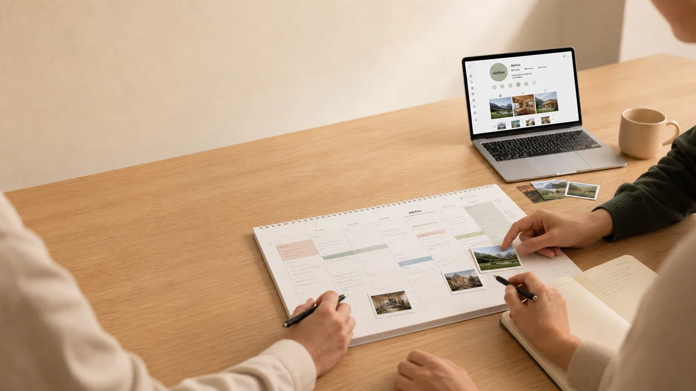 Zwei Personen planen Beiträge in einem Tischkalender, auf dem Laptop ein Social-Media-Profil