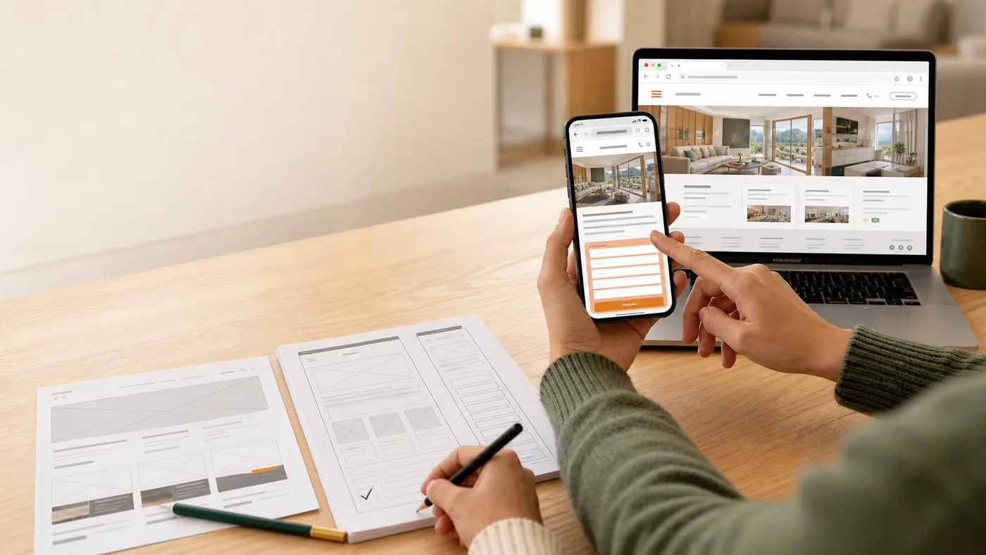 Dieselbe Website auf einem Handy und auf einem Laptop, daneben Entwürfe auf Papier